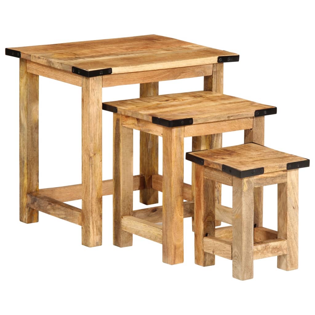 Mesas apilables 3 piezas madera maciza de mango rugosa