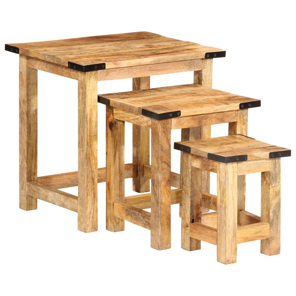 Mesas apilables 3 piezas madera maciza de mango rugosa