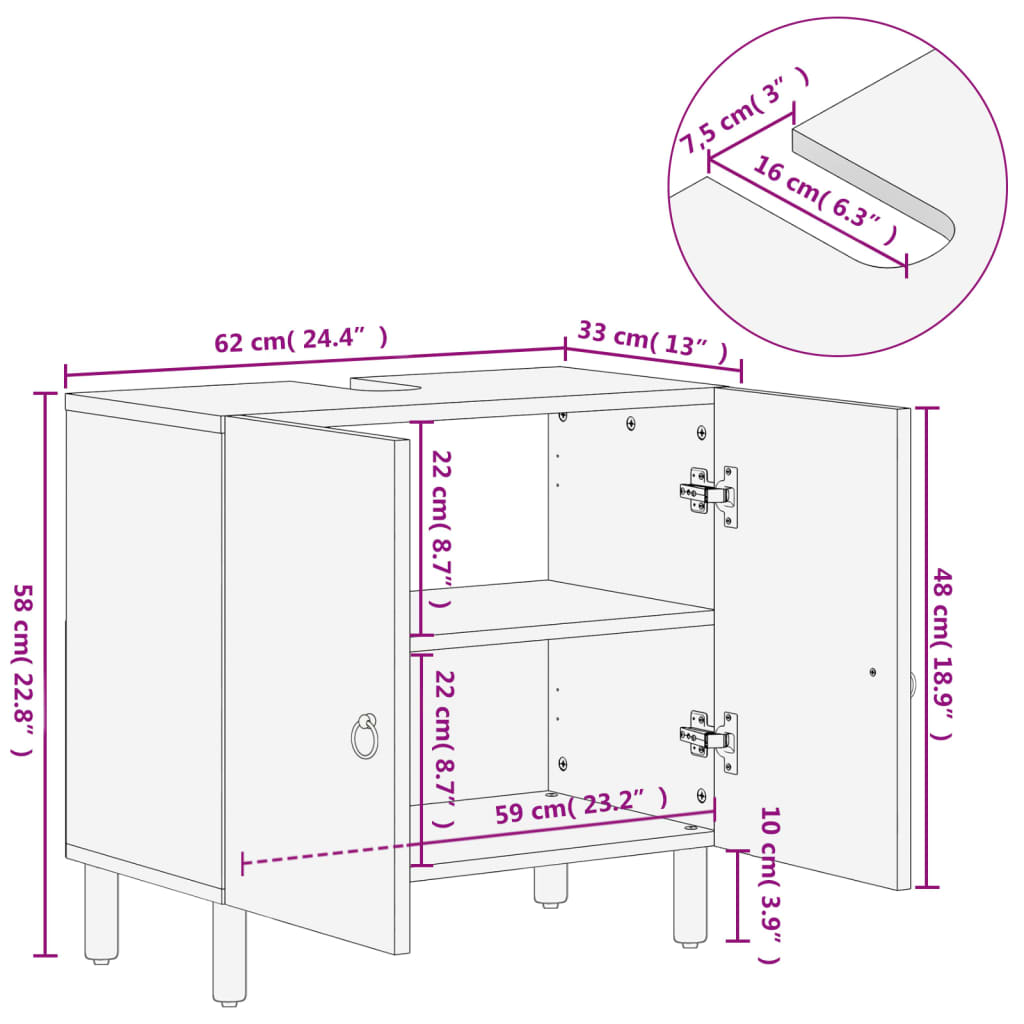 Armario de lavabo para baño madera maciza de acacia 62x33x58 cm
