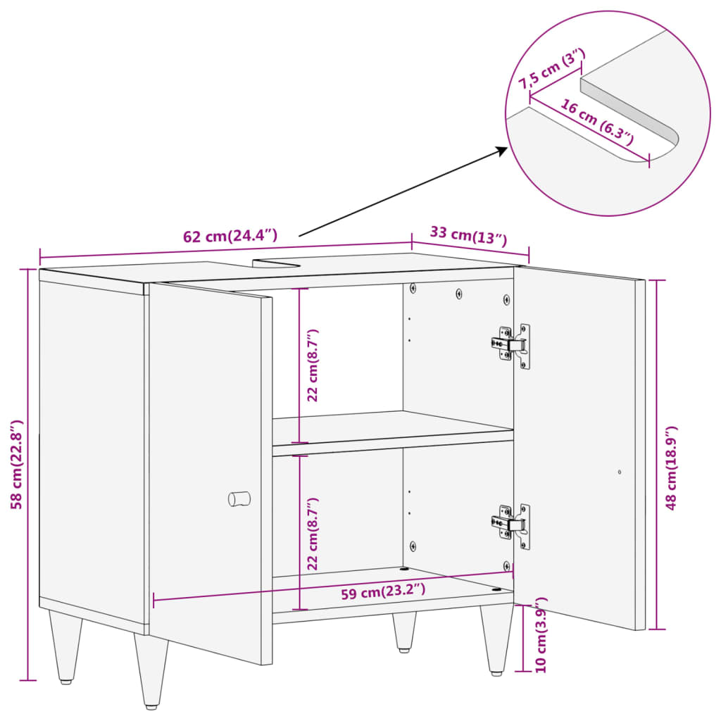 Armario de lavabo para baño madera maciza de mango 62x33x58 cm