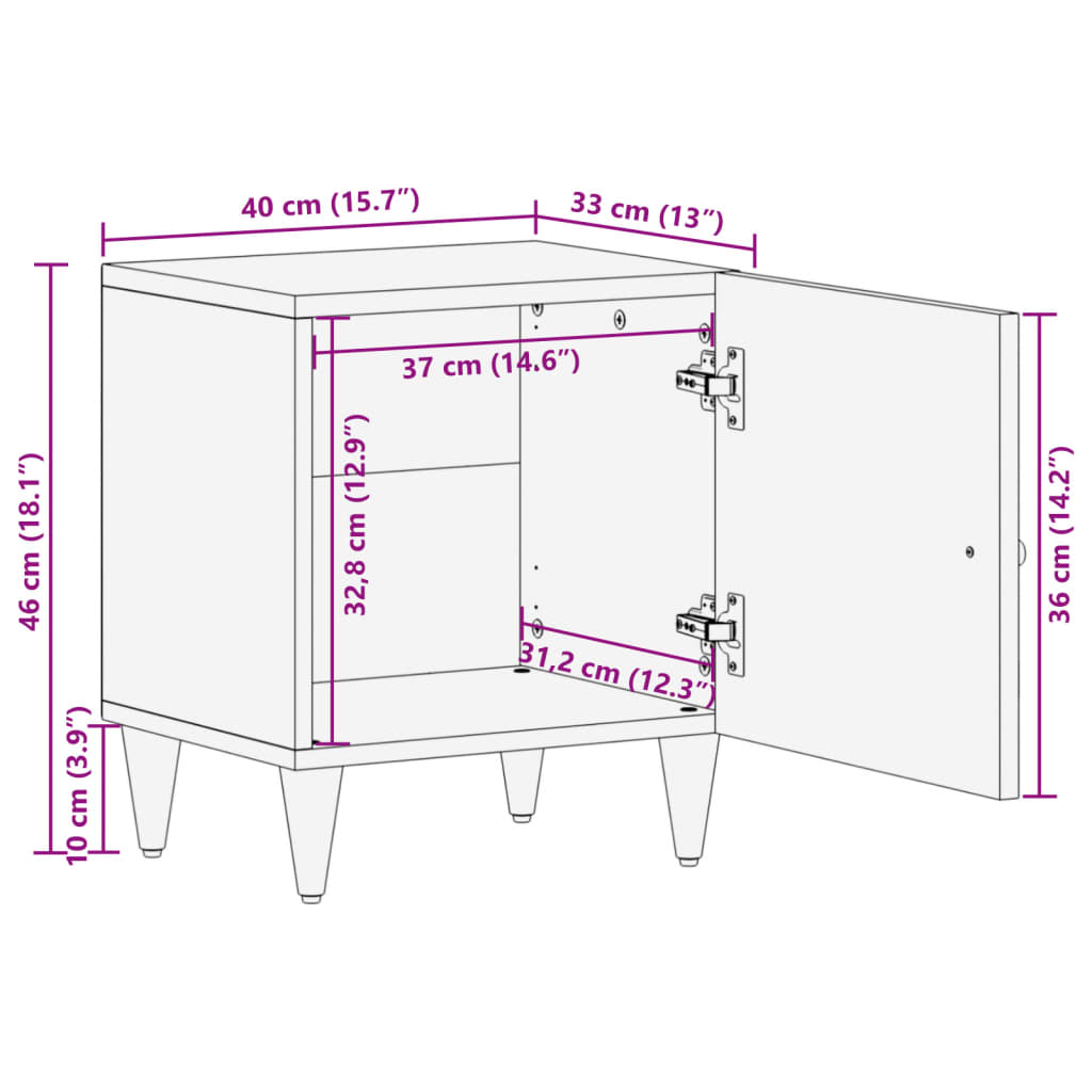 Mesita de noche de madera maciza de mango 40x33x46 cm