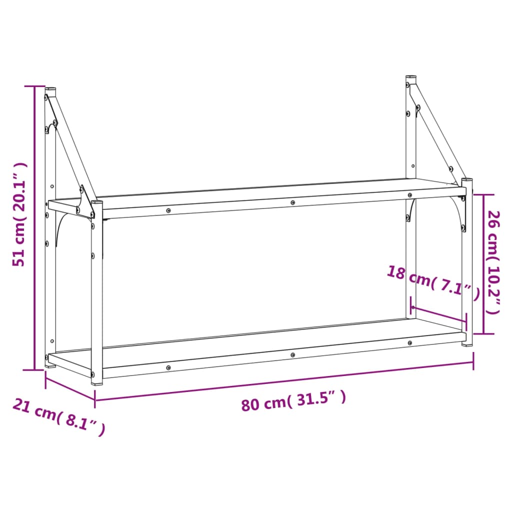 Estantería de pared 2 niveles madera roble ahumado 80x21x51 cm