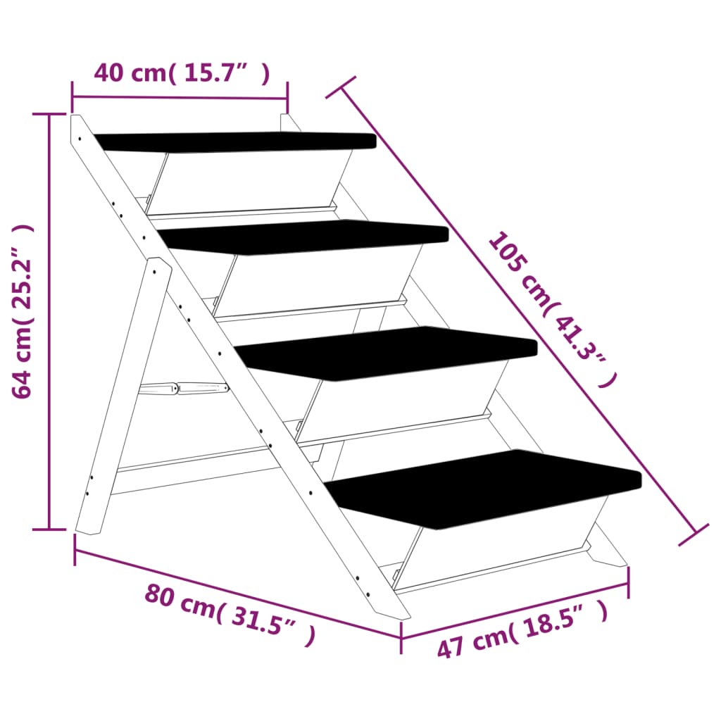 Escalera para perros madera maciza de abeto gris 105x47 cm