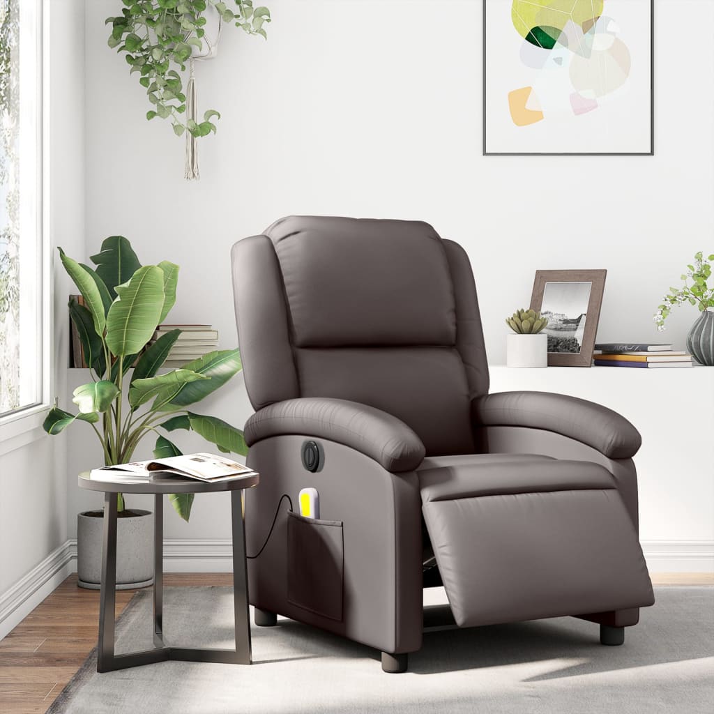 Sillón de masaje eléctrico cuero auténtico marrón oscuro