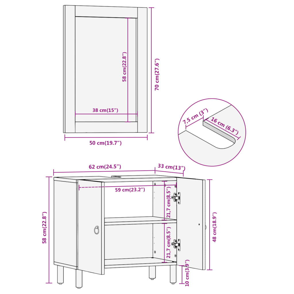 Conjunto de muebles de baño 2 piezas madera maciza de mango