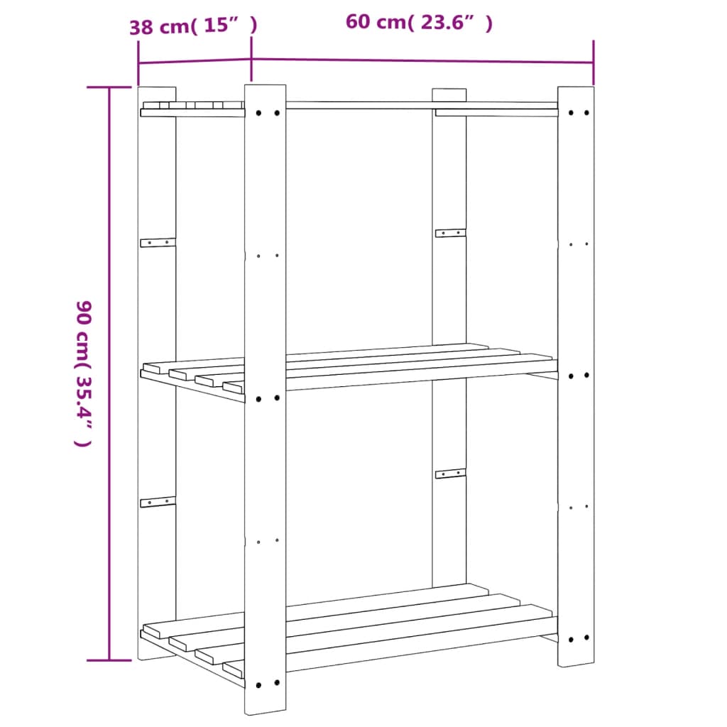 Estantería de 3 niveles madera maciza de pino negro 60x38x90 cm