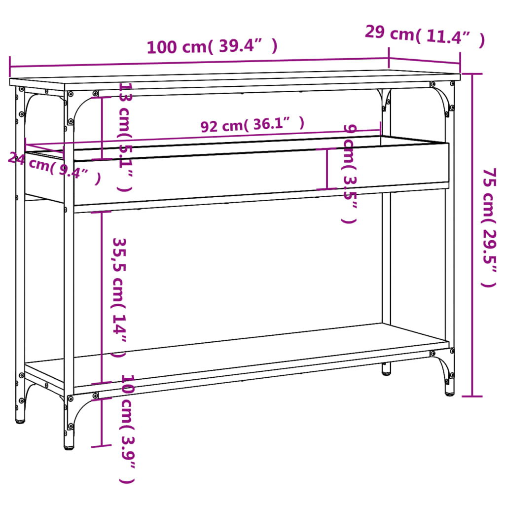 Mesa consola con estante roble Sonoma 100x29x75 cm madera de ingeniería