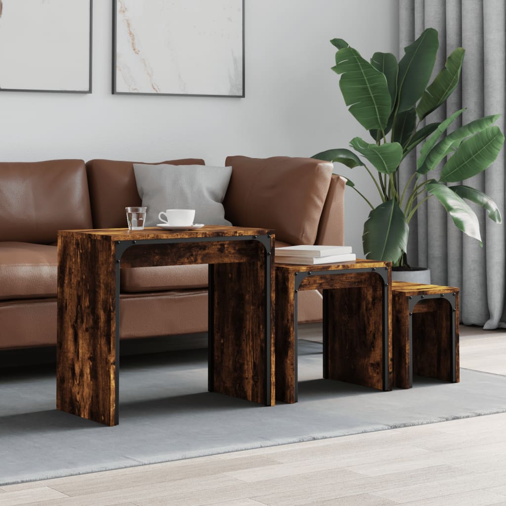Mesas de centro apilables 3 piezas madera de ingeniería negro