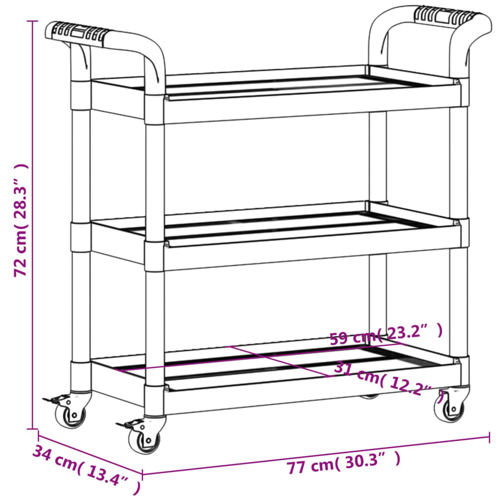 Carrito de 3 niveles aluminio gris 77x34x72 cm