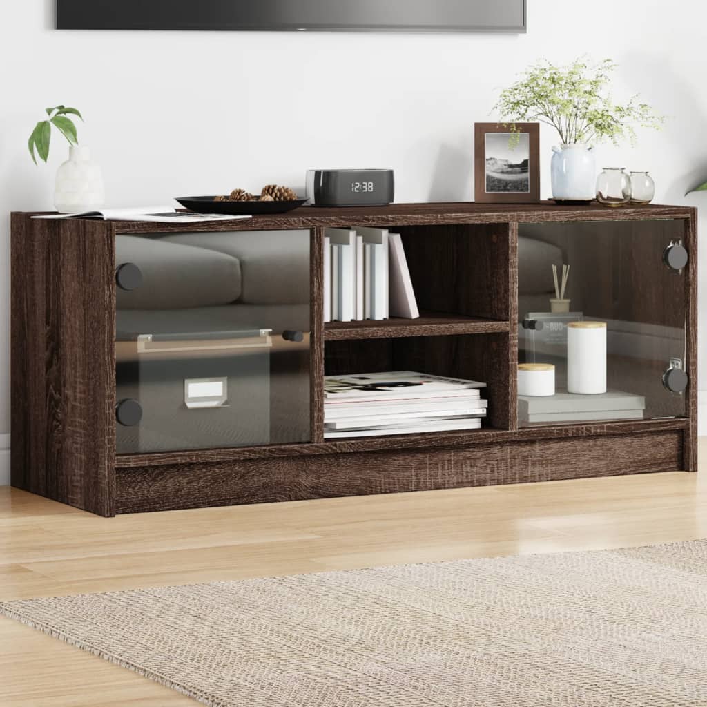 Mueble de TV con puertas de vidrio blanco 102x37x42 cm