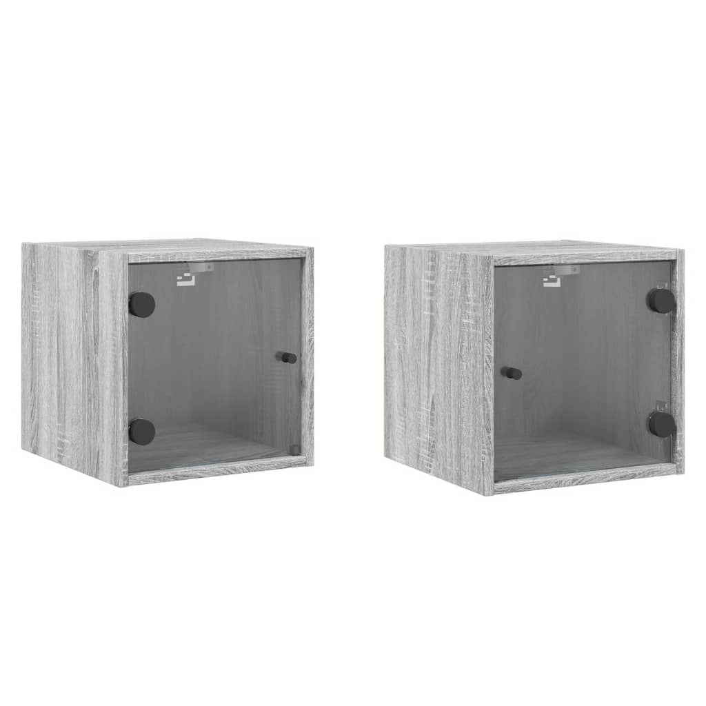 Mesitas noche con puertas vidrio 2 uds gris Sonoma 35x37x35 cm
