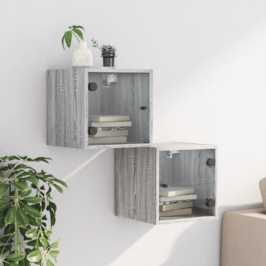 Mesitas noche con puertas vidrio 2 uds gris Sonoma 35x37x35 cm