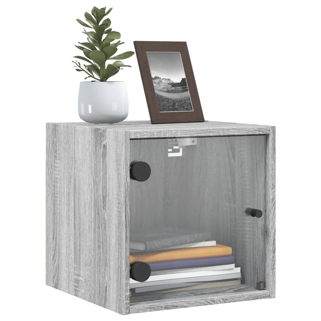 Mesitas noche con puertas vidrio 2 uds gris Sonoma 35x37x35 cm
