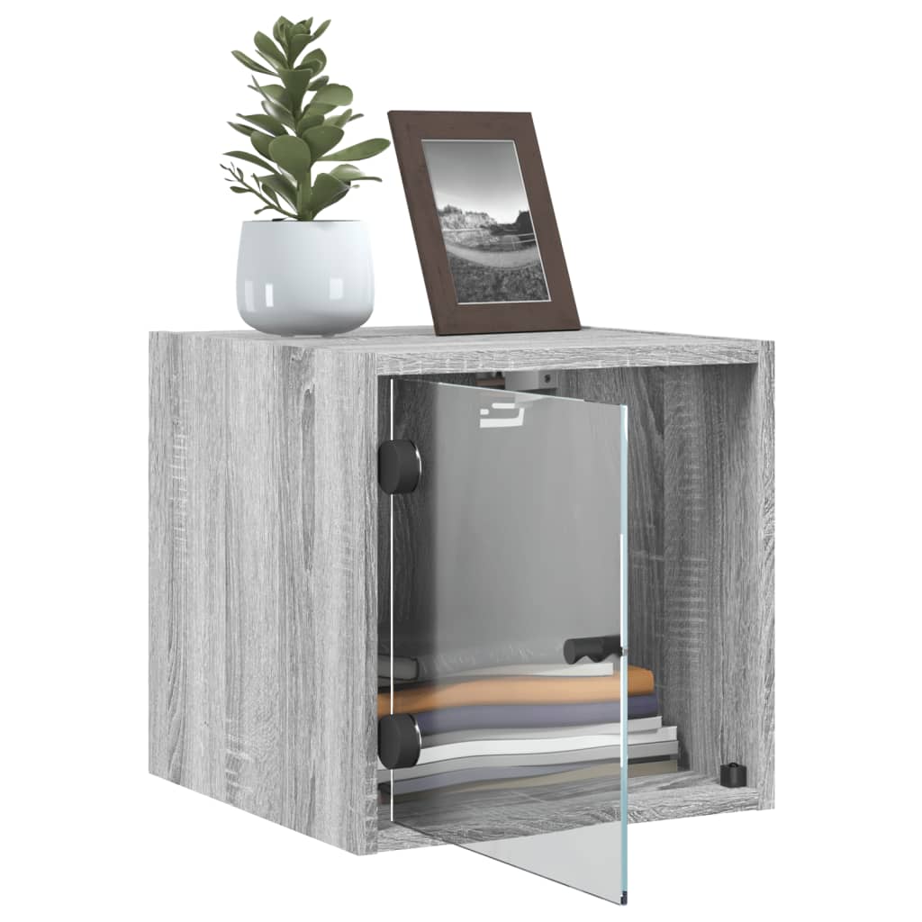 Mesitas noche con puertas vidrio 2 uds gris Sonoma 35x37x35 cm