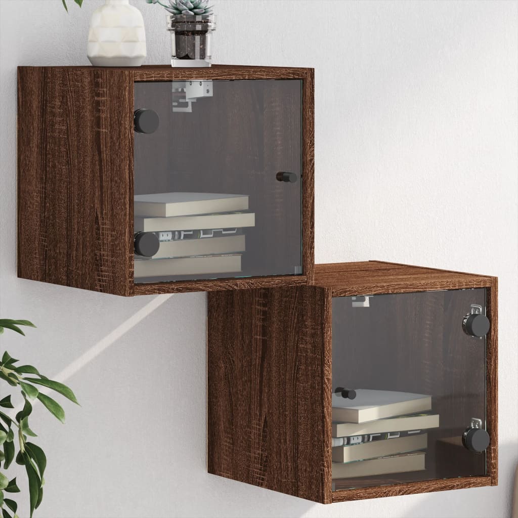 Mesitas noche con puertas vidrio 2 uds gris Sonoma 35x37x35 cm