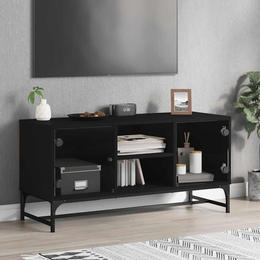 Mueble de TV con puertas de vidrio blanco 102x37x42 cm