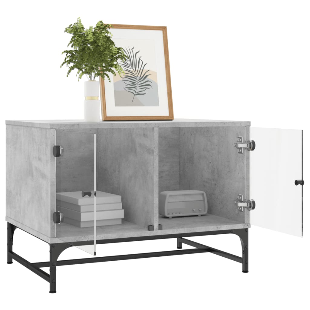 Mesa de centro puertas de vidrio gris hormigón 68,5x50x50 cm