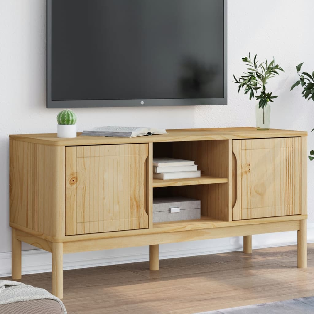 Mueble de TV FLORO madera maciza de pino blanco 114x43x55 cm