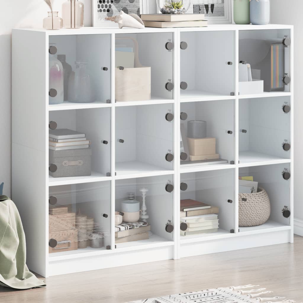 Gray engineered wood shelving unit with doors 136x37x109 cm