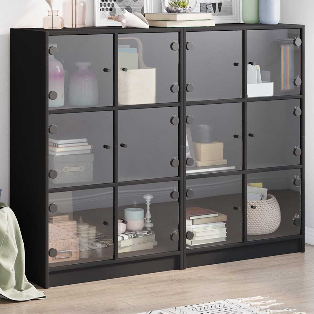 Gray engineered wood shelving unit with doors 136x37x109 cm