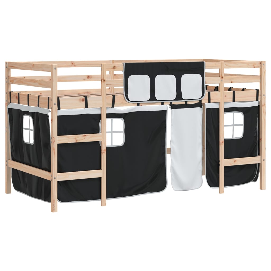 Cama alta infantil com cortinas, madeira de pinho branco e preto, 80x200 cm