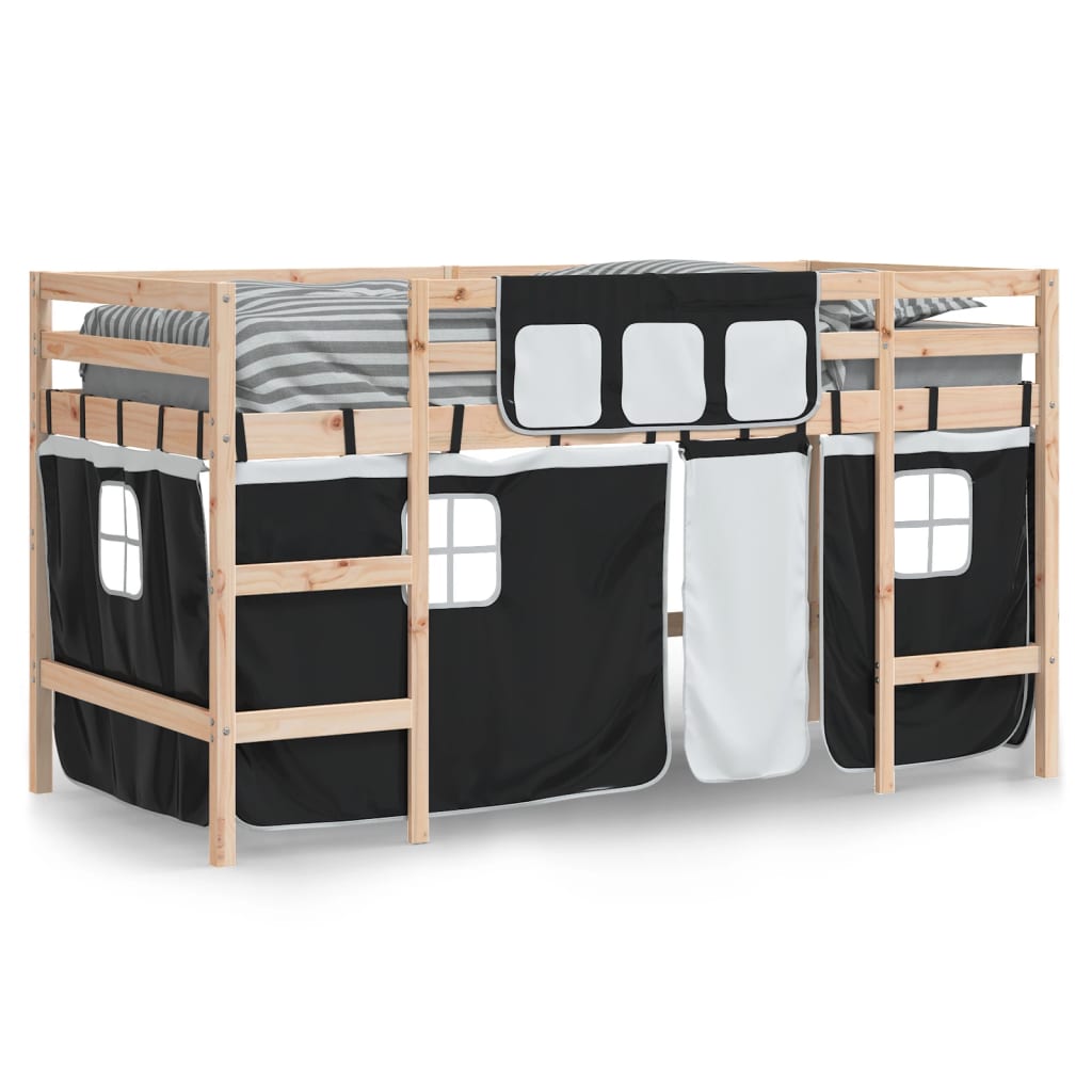Cama alta infantil com cortinas, madeira de pinho branco e preto, 80x200 cm