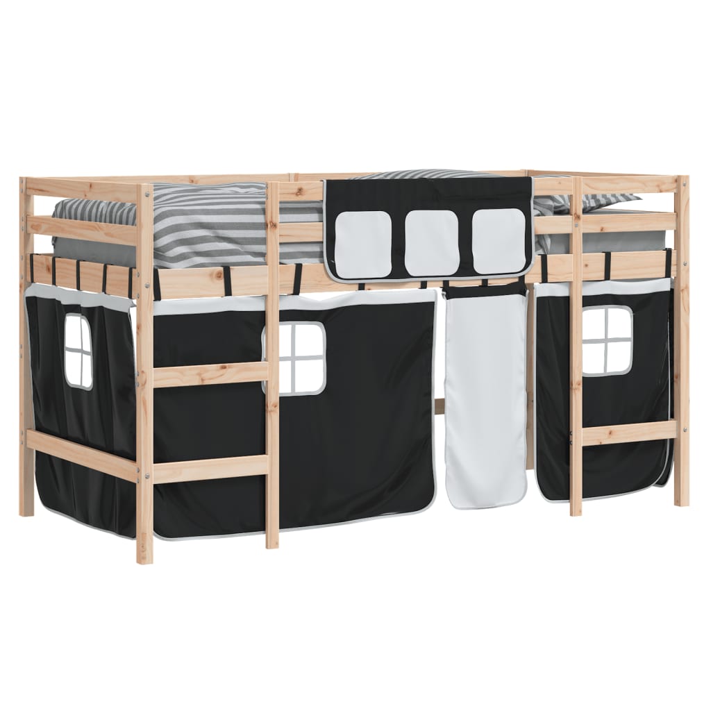 Cama alta infantil com cortinas, madeira de pinho branco e preto, 80x200 cm