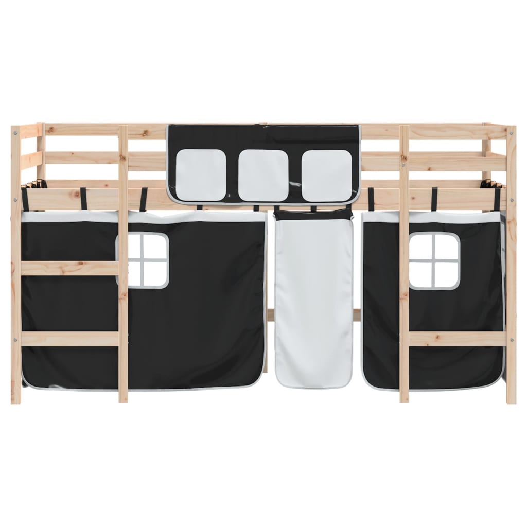 Cama alta infantil com cortinas, madeira de pinho branco e preto, 80x200 cm