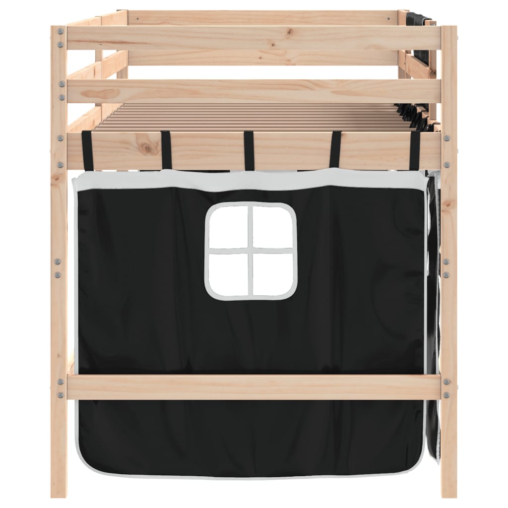Cama alta infantil com cortinas, madeira de pinho branco e preto, 80x200 cm