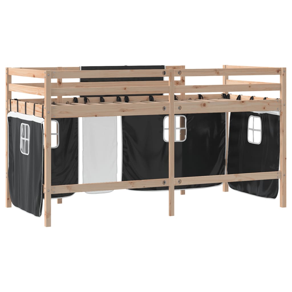 Cama alta infantil com cortinas, madeira de pinho branco e preto, 80x200 cm