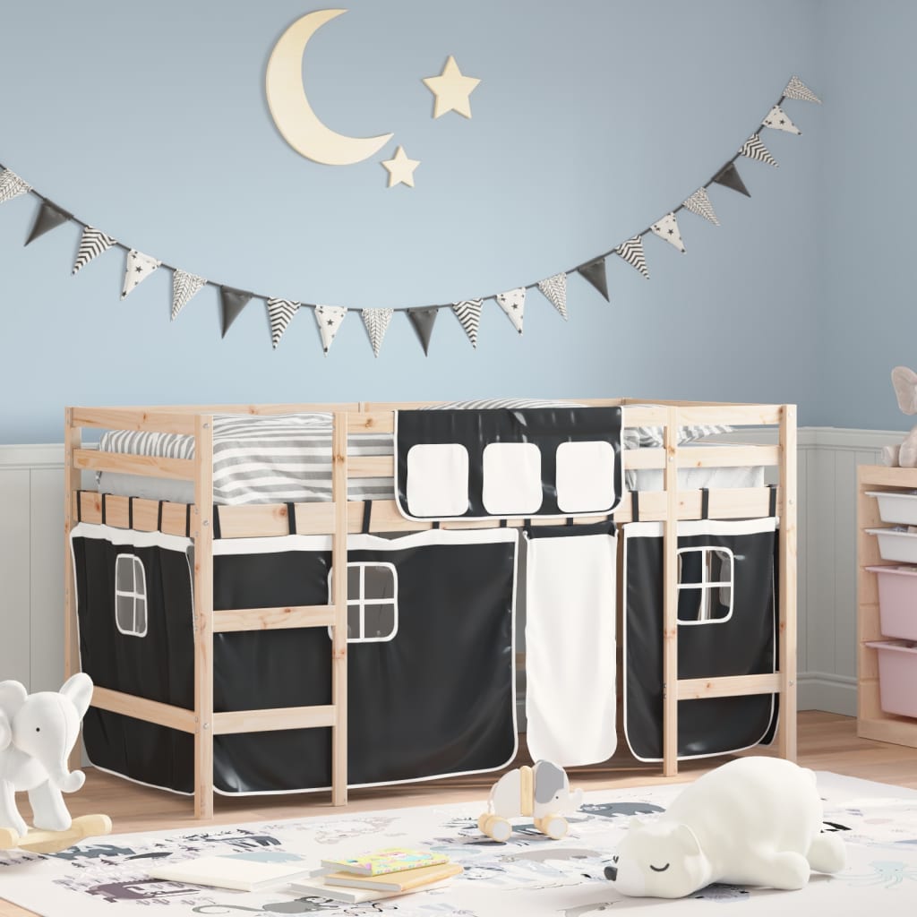 Cama alta infantil com cortinas, madeira de pinho branco e preto, 80x200 cm