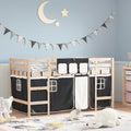Cama alta infantil com cortinas, madeira de pinho branco e preto, 80x200 cm