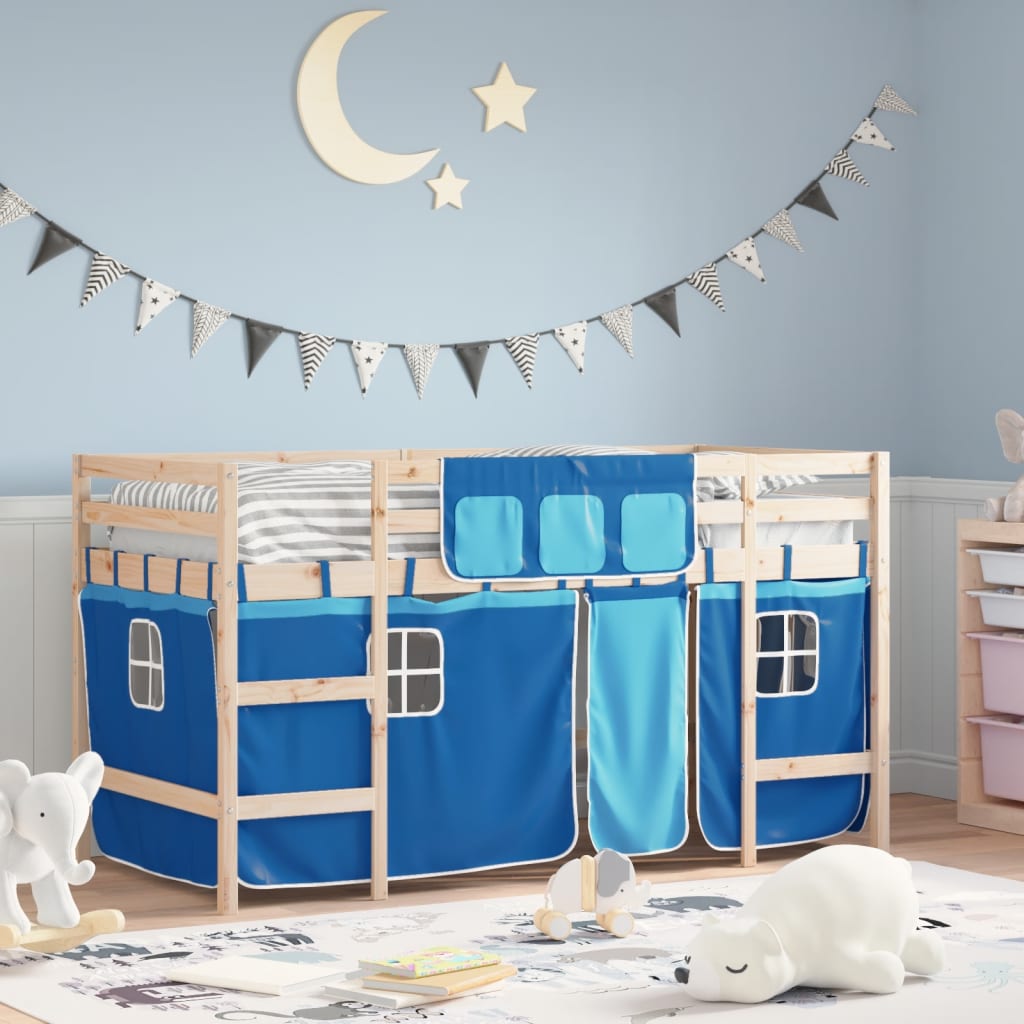 Cama alta infantil com cortinas, madeira de pinho branco e preto, 80x200 cm