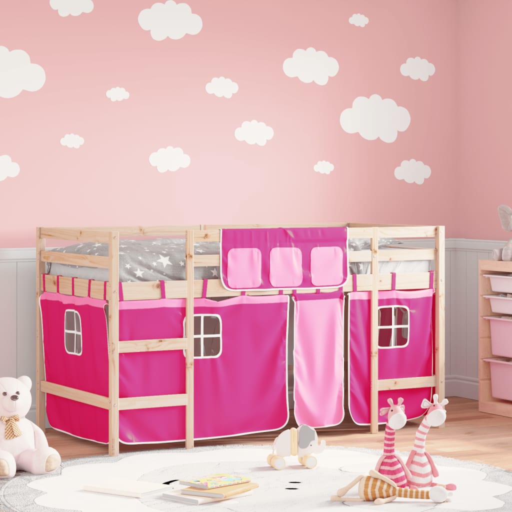 Cama alta infantil com cortinas, madeira de pinho branco e preto, 80x200 cm