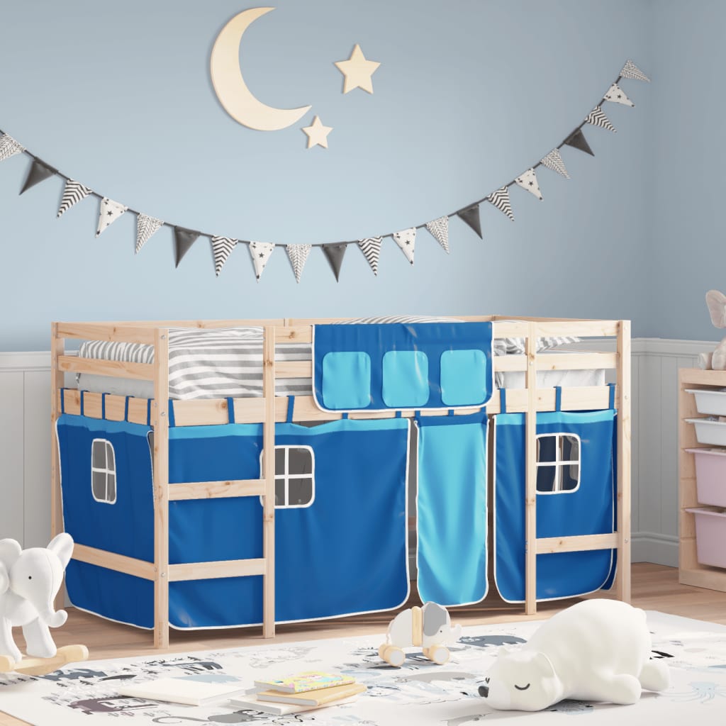 Cama alta infantil com cortinas, madeira de pinho branco e preto, 80x200 cm