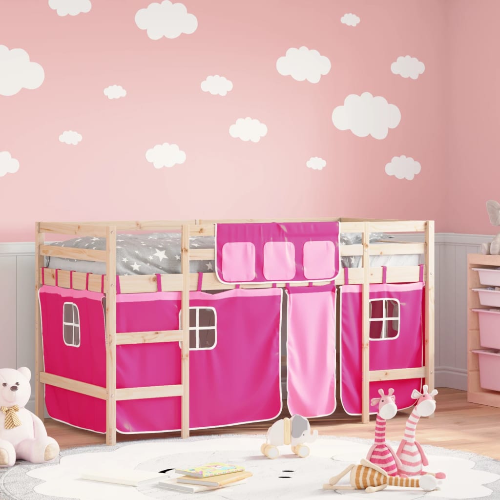Cama alta infantil com cortinas, madeira de pinho branco e preto, 80x200 cm