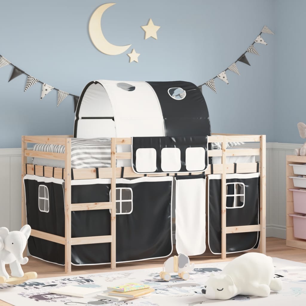 Cama alta infantil com cortinas, madeira de pinho branco e preto, 80x200 cm