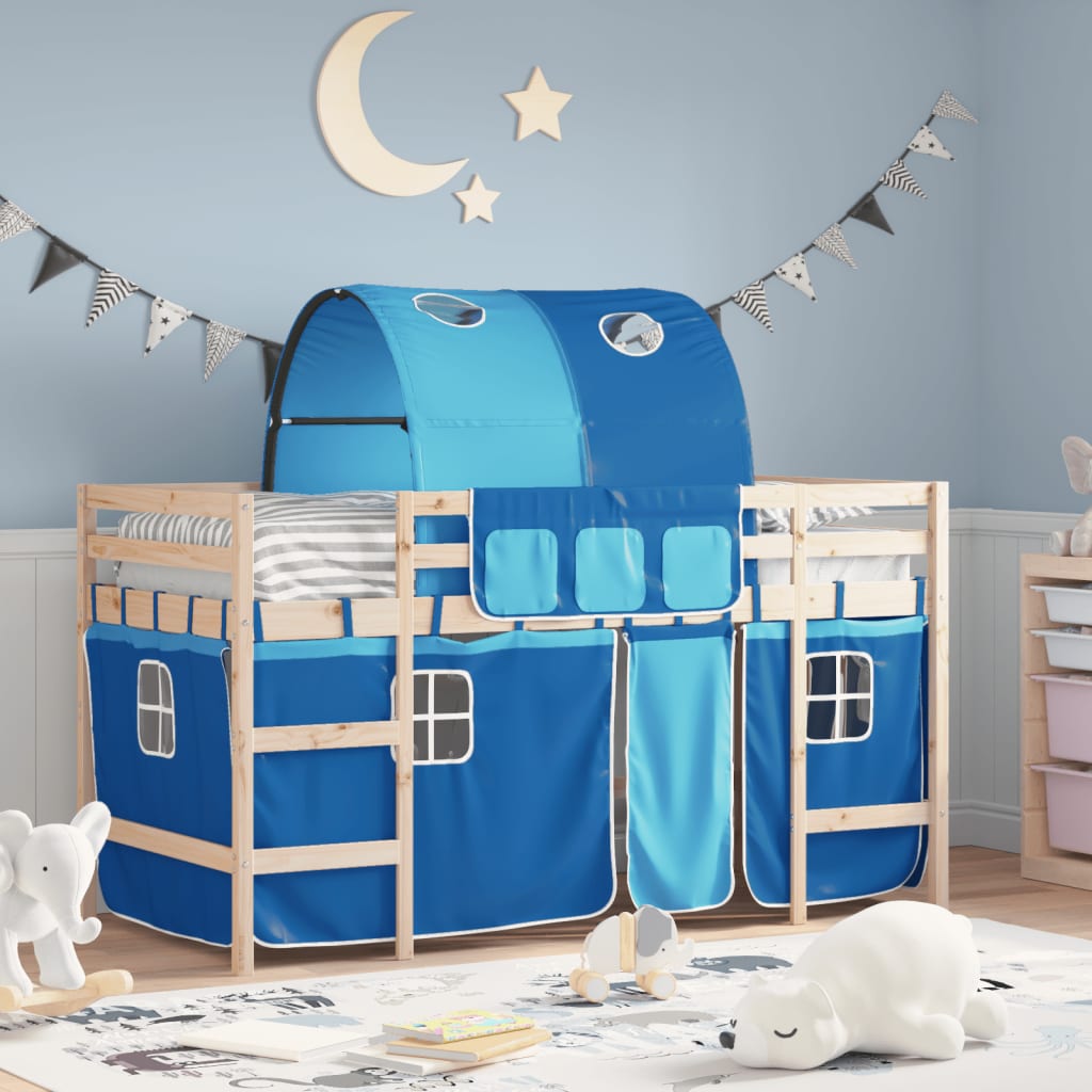 Cama alta infantil com cortinas, madeira de pinho branco e preto, 80x200 cm