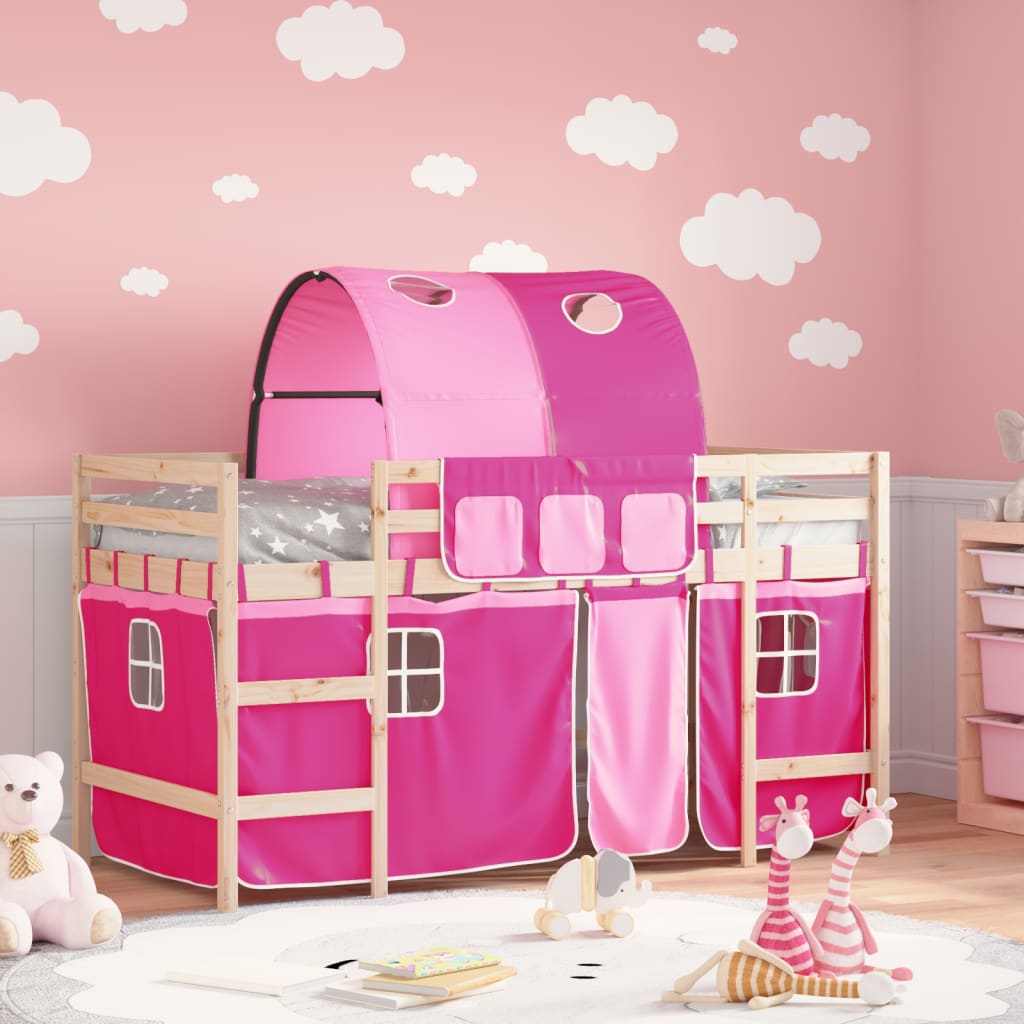 Cama alta infantil com cortinas, madeira de pinho branco e preto, 80x200 cm