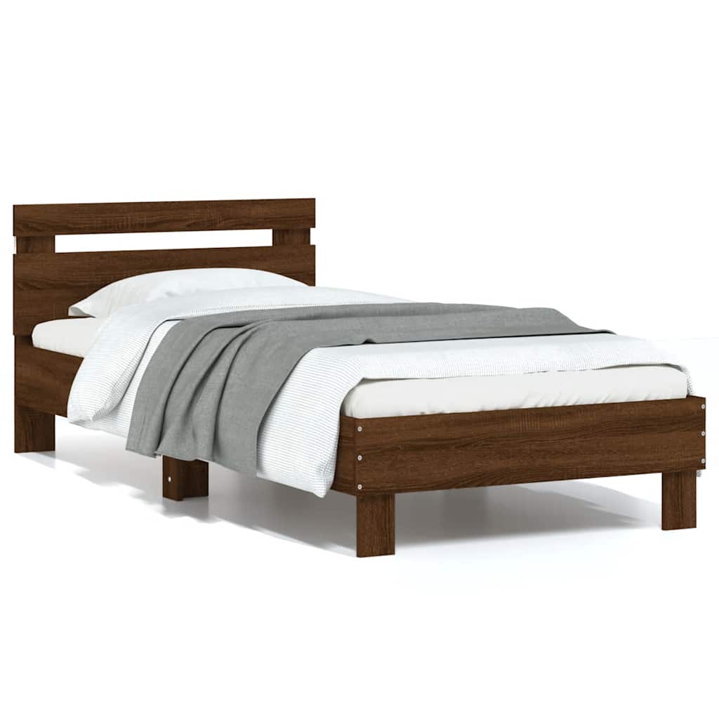 Estructura cama con cabecero luces LED marrón roble 120x190 cm