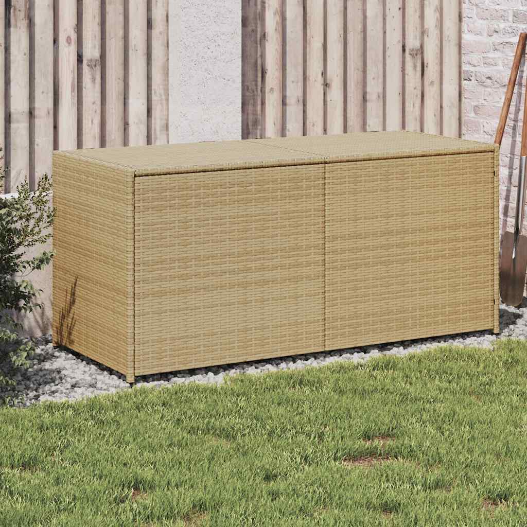 Baúl de jardín con ruedas ratán sintético beige 110x55x73 cm