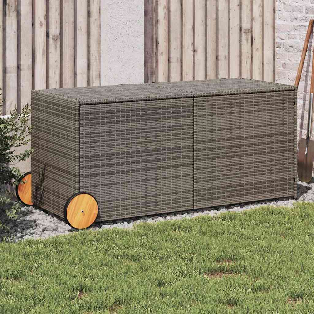 Baúl de jardín con ruedas ratán sintético beige 110x55x73 cm