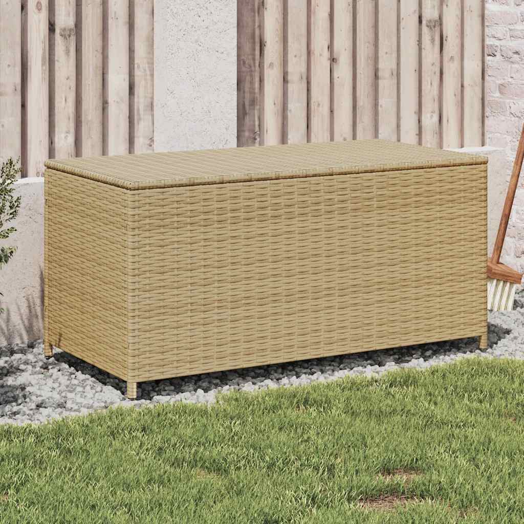Baúl de jardín con ruedas ratán sintético beige 110x55x73 cm