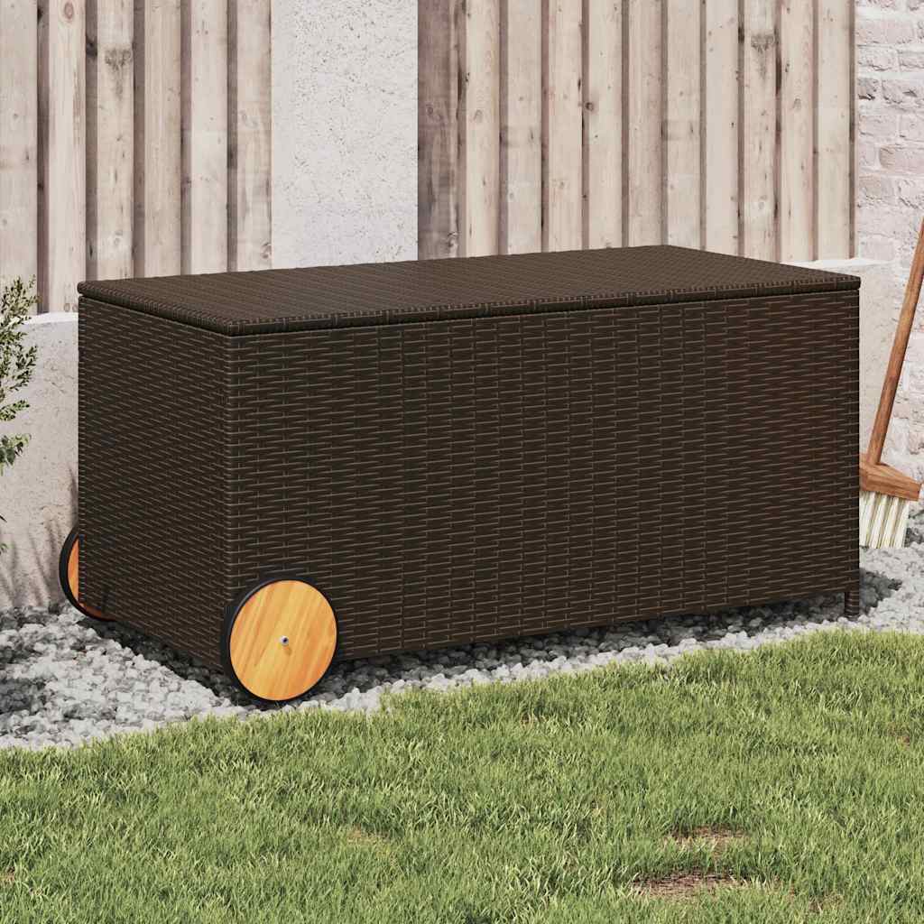Baúl de jardín con ruedas ratán sintético beige 110x55x73 cm