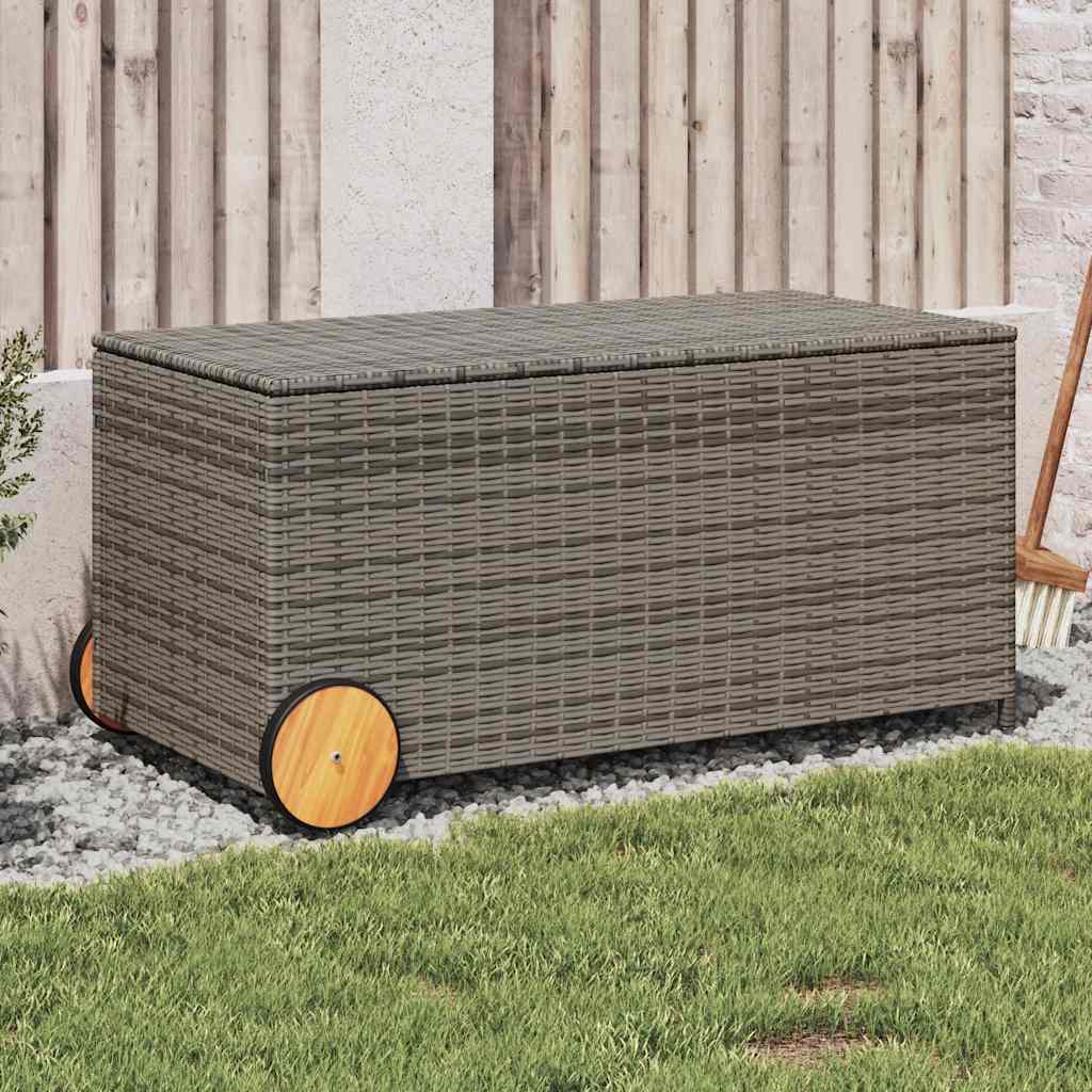 Baúl de jardín con ruedas ratán sintético beige 110x55x73 cm