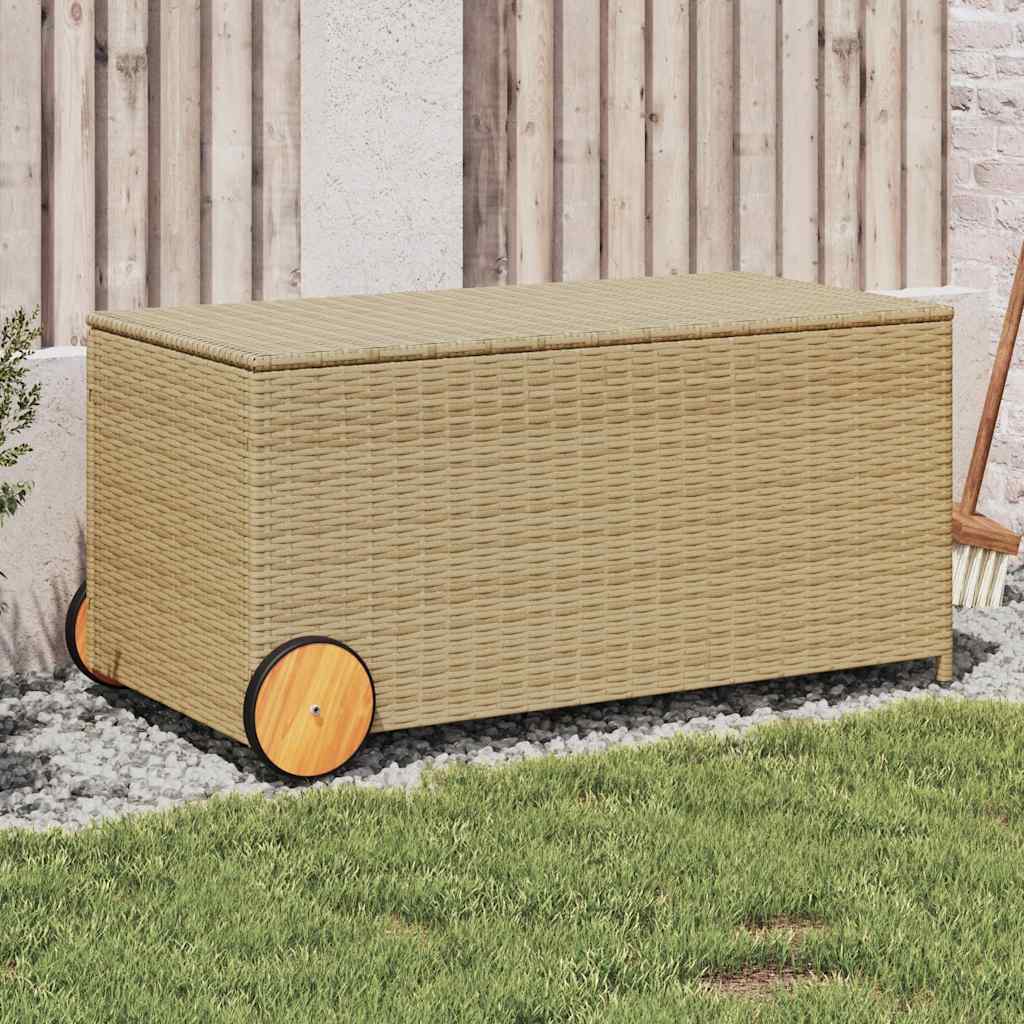 Baúl de jardín con ruedas ratán sintético beige 110x55x73 cm