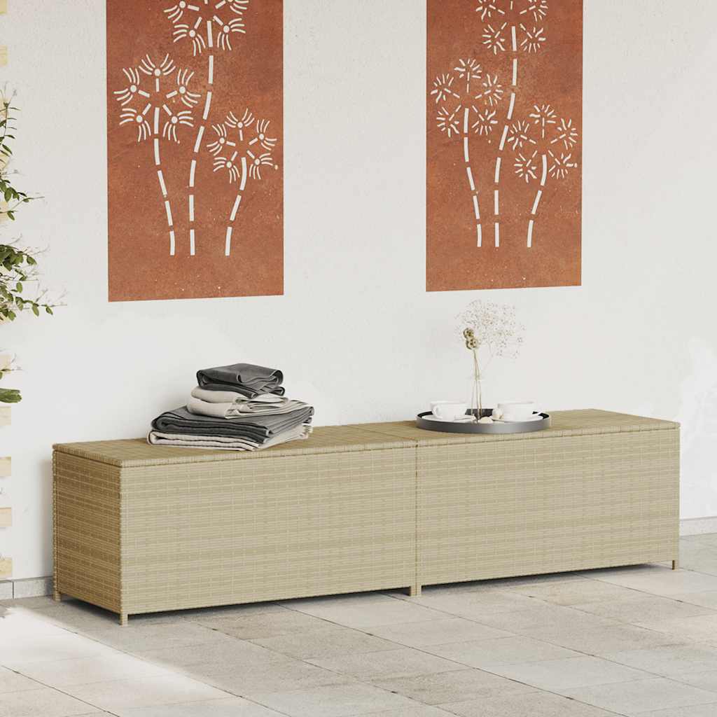 Baúl de jardín con ruedas ratán sintético beige 110x55x73 cm
