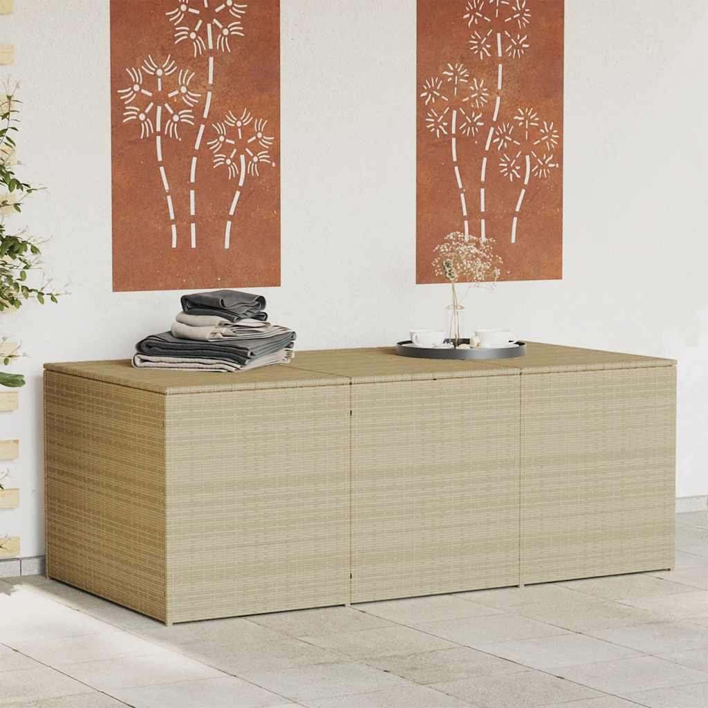 Baúl de jardín con ruedas ratán sintético beige 110x55x73 cm