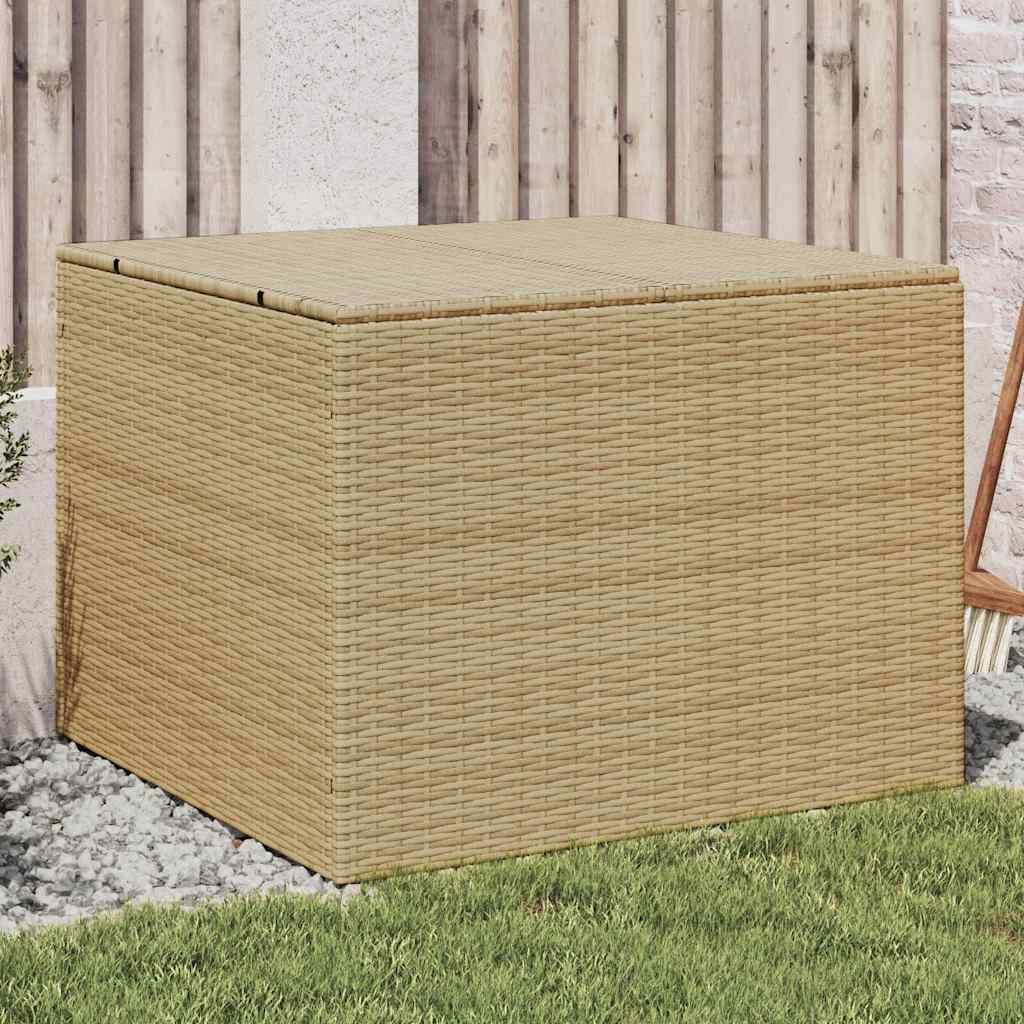 Baúl de jardín con ruedas ratán sintético beige 110x55x73 cm