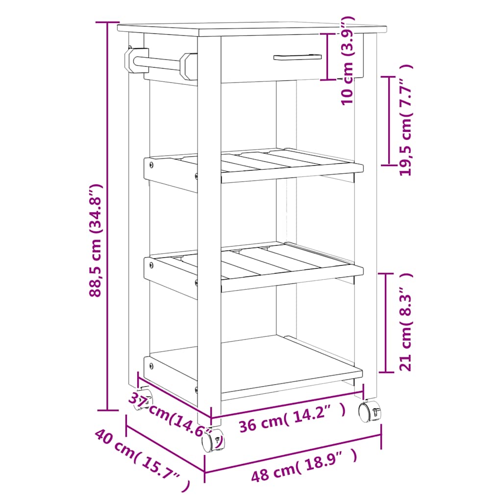 Carrito de cocina MONZA madera maciza de pino 48x40x88,5 cm